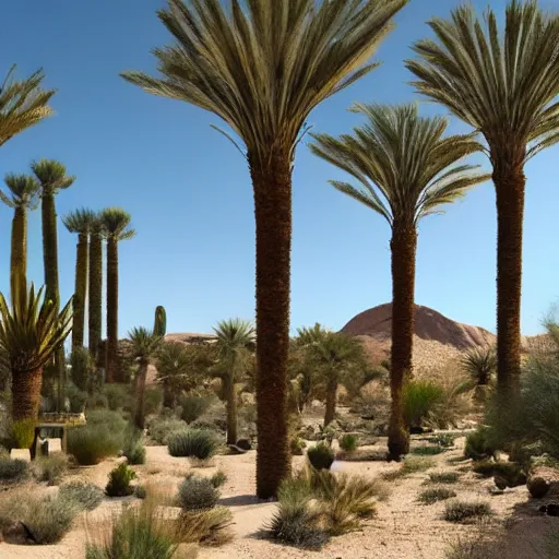 Image similar to biophilia architecture in the desert, plants, oasis