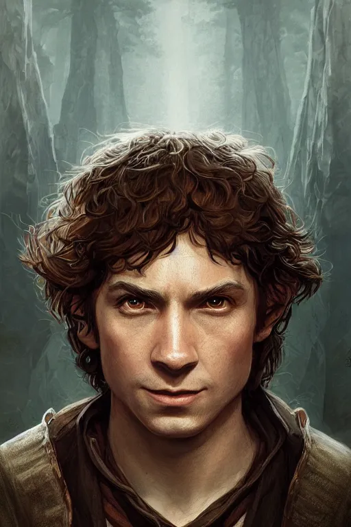 Image similar to A beautiful digital painting of a male hobbit ranger, symmetrical close-up portrait, intricate, cinematic lighting, highly detailed, digital painting, Artstation, concept art, smooth, sharp focus, illustration, art by Tom Bagshaw, Artgerm and Greg Rutkowski