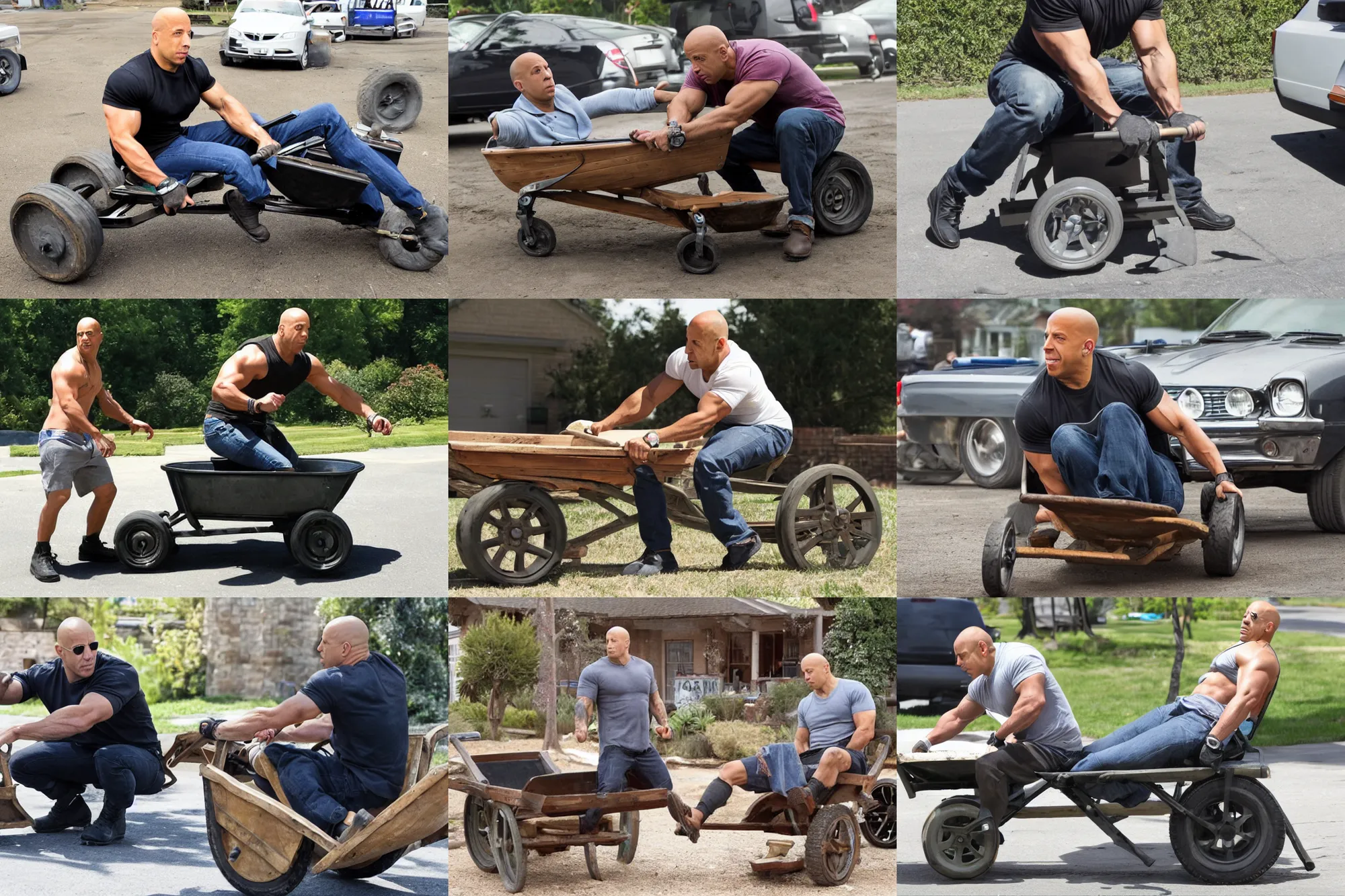 Image similar to Vin Diesel driving a wheelbarrow