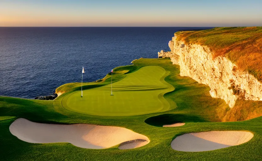 Image similar to a great photograph of the most amazing golf hole in the world, cliffs by the sea, perfect green fairway, human perspective, ambient light, 5 0 mm, golf digest, top 1 0 0, golden hour