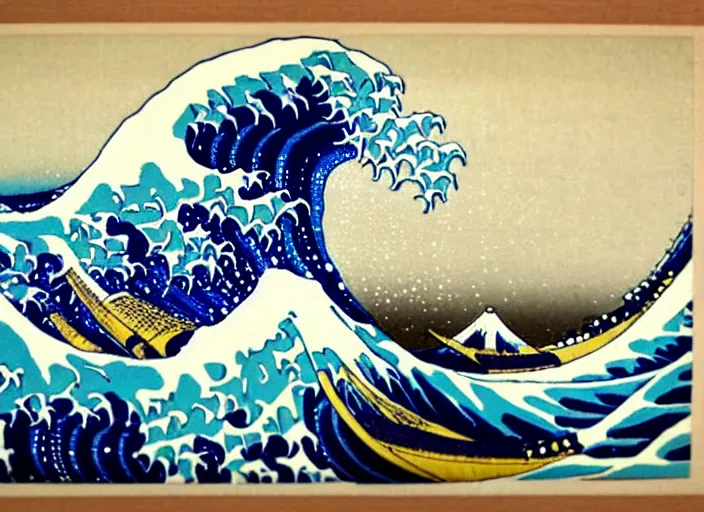 Image similar to the great wave off kanagawa is a woodblock print by the japanese ukiyo - e artist hokusai, probably made in late 1 8 3 1 during the edo period of japanese history. the print depicts three boats moving through a storm - tossed sea, with a large wave forming a spiral in the centre and mount fuji visible in the background