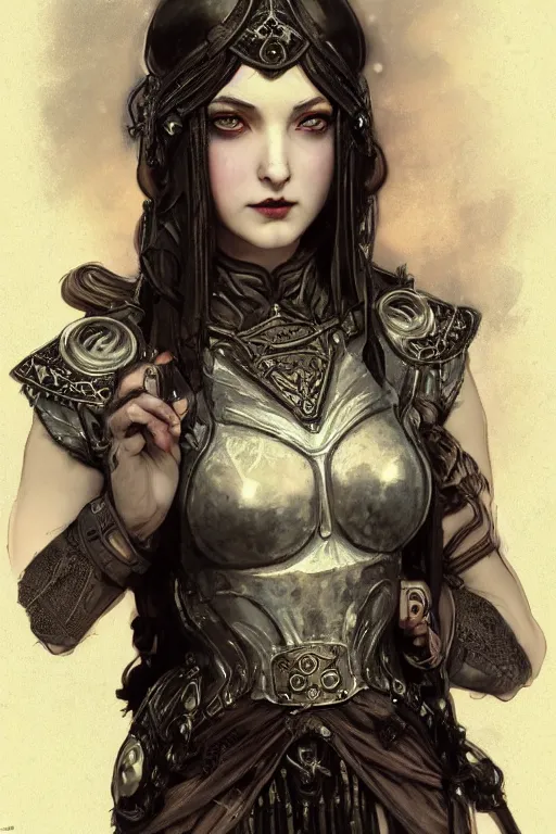 Image similar to beautiful and gothic and victorian and dieselpunk young medieval female armor portrait +smoky eyes+front face with light flowing hair, ultradetail face, ruined ancient Agora of Athens, art and illustration by tian zi and craig mullins and WLOP and alphonse mucha, fantasy, intricate complexity, human structure, human anatomy, fantasy character concept, watermark, blurry, hyperrealism 8k