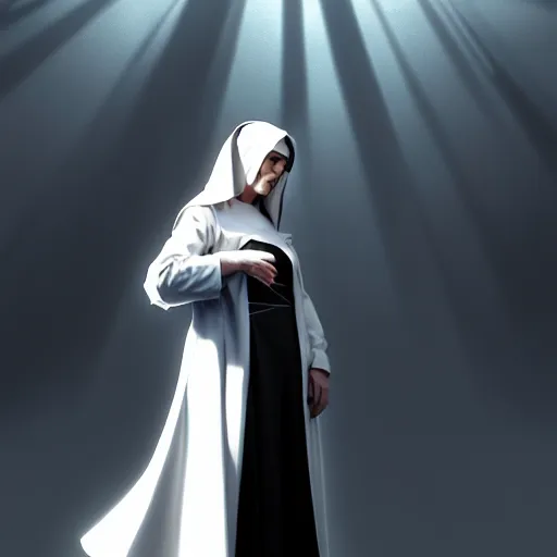 Image similar to imposing and relaxed cyberpunk nun, white duster coat, with dramatic volumetric god rays by john singer sargent, syd mead, craig mullins, finnian macmanus, sung choi, ruan jia. cinematic keyframe concept art on artstation