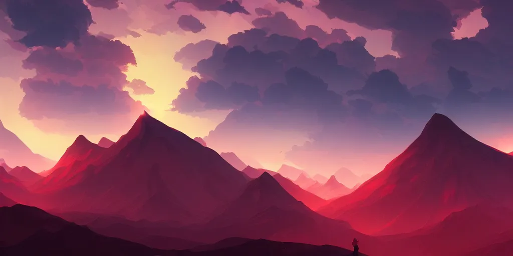 Image similar to Landscape of infernal mountains with red dark sky, ambient lighting, 4k, anime key visual, lois van baarle, ilya kuvshinov, rossdraws, artstation
