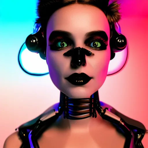 Prompt: an immaculate blender render high key anaglyph lighting headshot rendering of an attractive curvy cybernetic goth woman with embedded LEDs, a cybernetic eye, and shiny black exoskeleton.