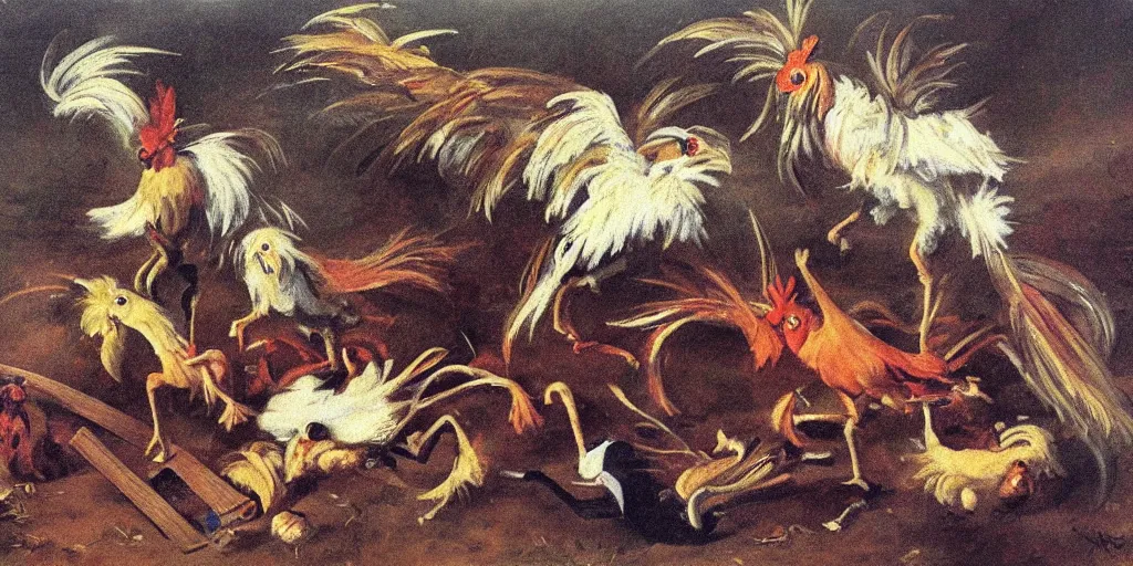 Prompt: painting of fighting roosters, by karl wilhelm de hamilton, detailed, realism, plucked legs