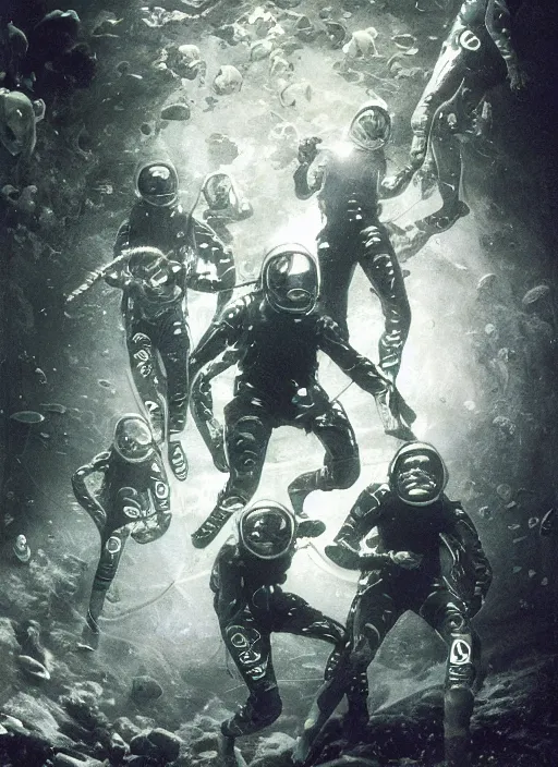 Image similar to astronauts divers in dark void underwater - complex and hyperdetailed technical suit design. reflection and dispersion materials. rays and dispersion of light. volumetric light. f / 3 2. noise film photo. flash photography. ultra realistic, 5 0 mm. poster by wayne barlowe, hajime sorayama aaron horkey, craig mullins