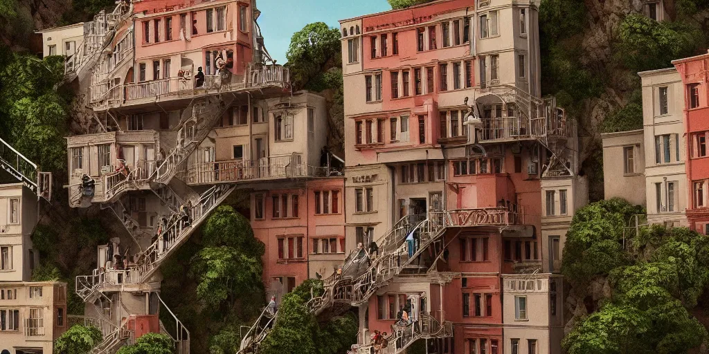 Image similar to a very high resolution image from a new movie, upside - down and criss - cross stairs, beautiful scenery, photorealistic, photography, directed by wes anderson