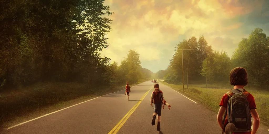 Prompt: be running up that road, be running up that hill,, stranger things, cinematic, photorealistic, artstation