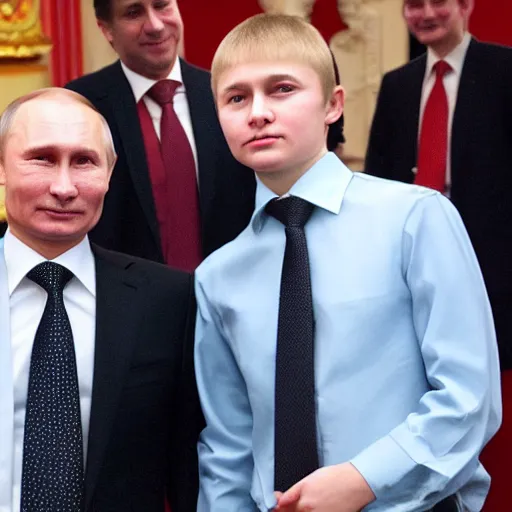 Image similar to putin teams up with a teenage putin, perfect faces