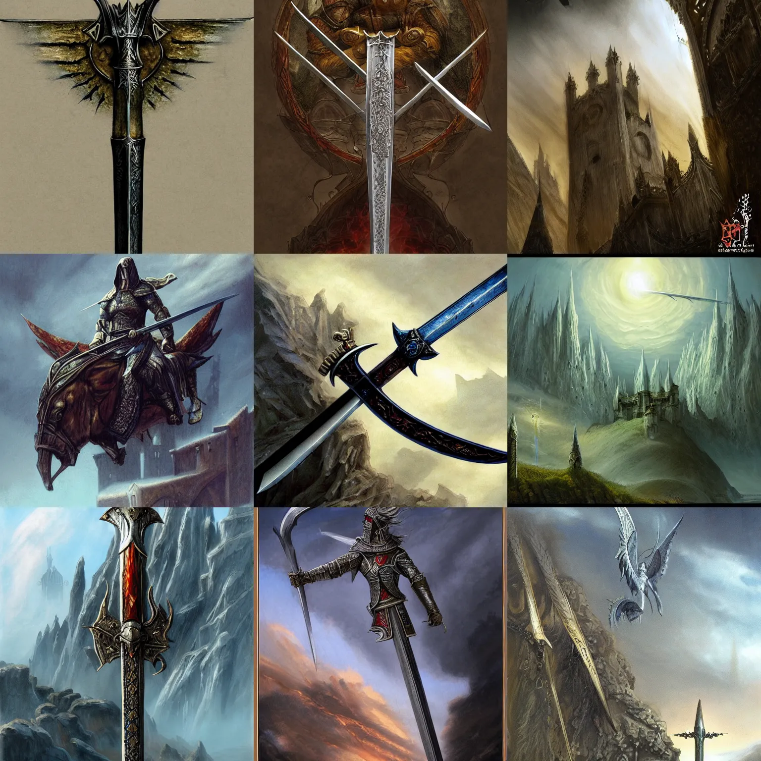 Prompt: medieval sword in sky, mtg, d & d, legend of the cryptids, highly detailed, artstation, concept art, sharp focus, john howe, briclot