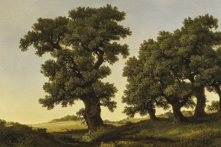 Prompt: masterpiece print of oak trees on a hillside overlooking a creek, by william seltzer rice