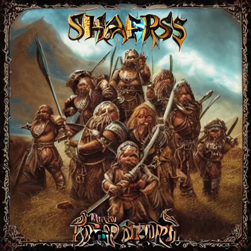 Prompt: album cover for an album of an epic fantasy metal band composed of five fantasy dwarfs, the band is called the sharp dwarves