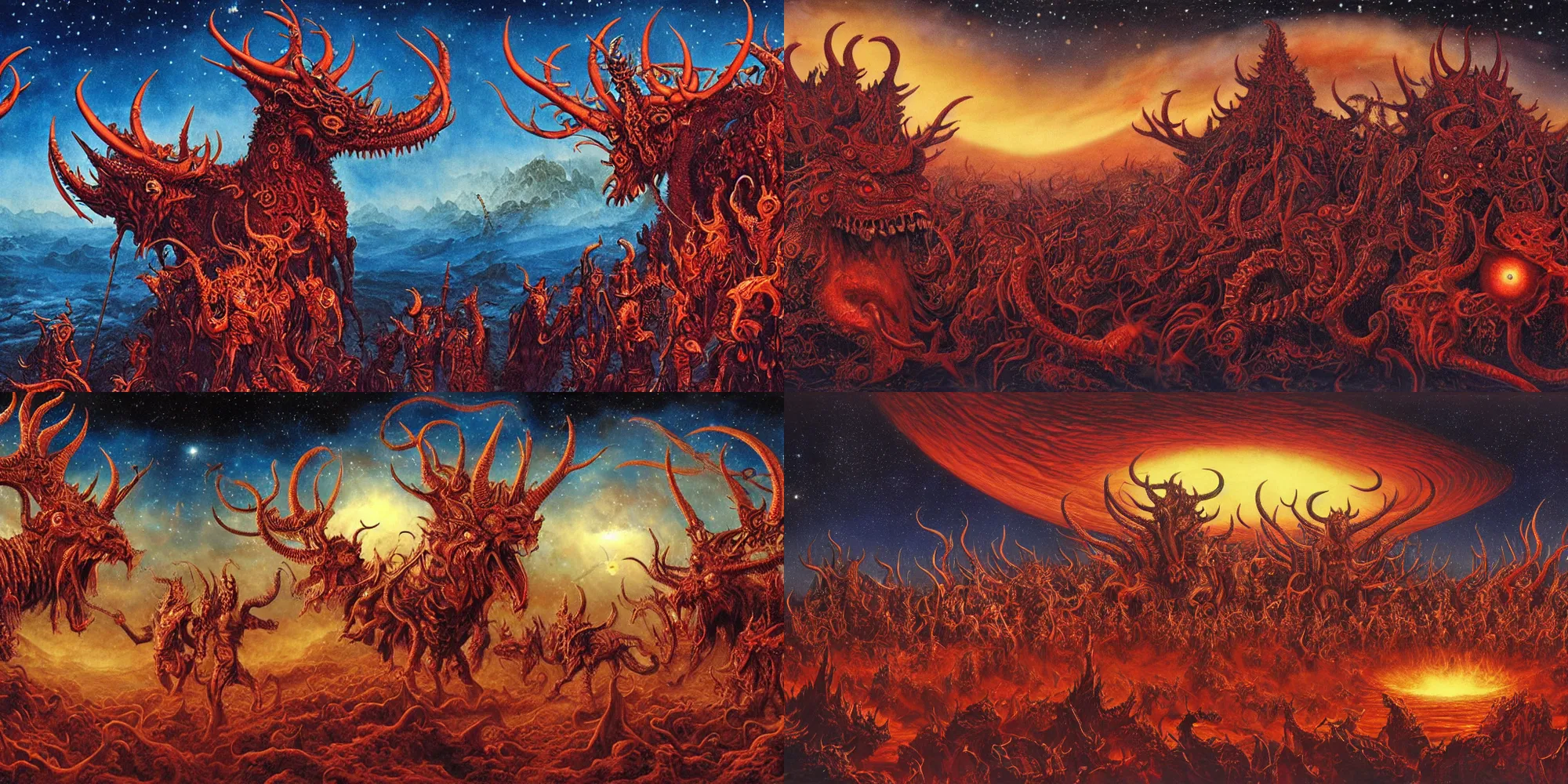 Prompt: diadems, crowns, crowns on a ten horned beast with seven heads, fiery red, detailed, intricate, matte painting by Les Edwards, Michael Whelan, Jim Burns, in background starry night sky and distant earth