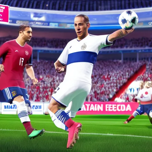 Prompt: Benjamin Netanyahu in FIFA 2021 scoring a goal, video game screenshot, HQ