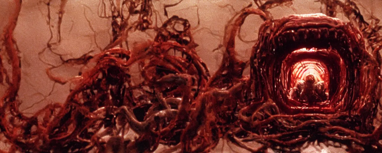 Image similar to filmic extreme wide shot movie still 4k UHD interior 35mm film color photograph of a a detached snarling distorted deformed human head protruding out of a mutated abstract shape shifting organism made of human internal organs, in the style of a horror film The Thing 1982