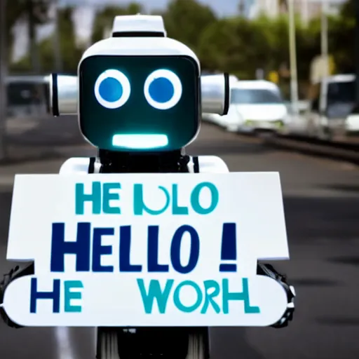 Image similar to a robot holding a sign that reads 'hello world'