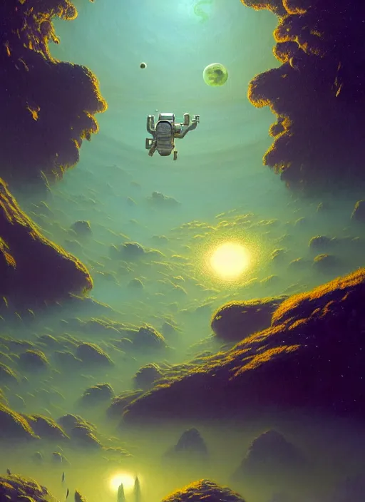 Prompt: extremely detailed, astronaut, lush planet, soft light, jade green, golden glow, diffuse lighting, fantasy, intricate, surrealism!!!!, highly detailed, lifelike, photorealistic, digital painting, artstation, illustration, concept art, smooth, sharp focus, by greg rutkowski, chris tulloch mccabe, valentina remenar and asher duran,