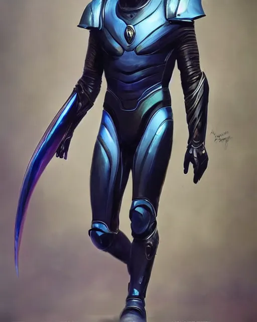 Image similar to character concept of iridescent sinewy smooth muscular male sleek glossy bluish black pearlescent scifi armor with smooth black featureless helmet, by greg rutkowski, mark brookes, jim burns, tom bagshaw, magali villeneuve, eve ventrue, trending on artstation