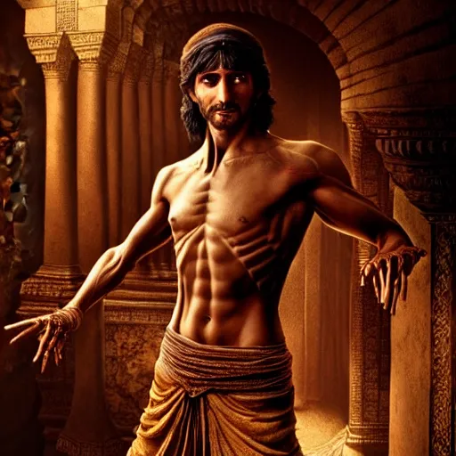 Image similar to The prince of Persia with translucent skin, visible muscles and veins and arteries and bones and spine and nerves, beautiful detailed intricate insanely detailed octane render, 8K artistic photography, photorealistic, chiaroscuro, by David Cronenberg, Raphael, Caravaggio