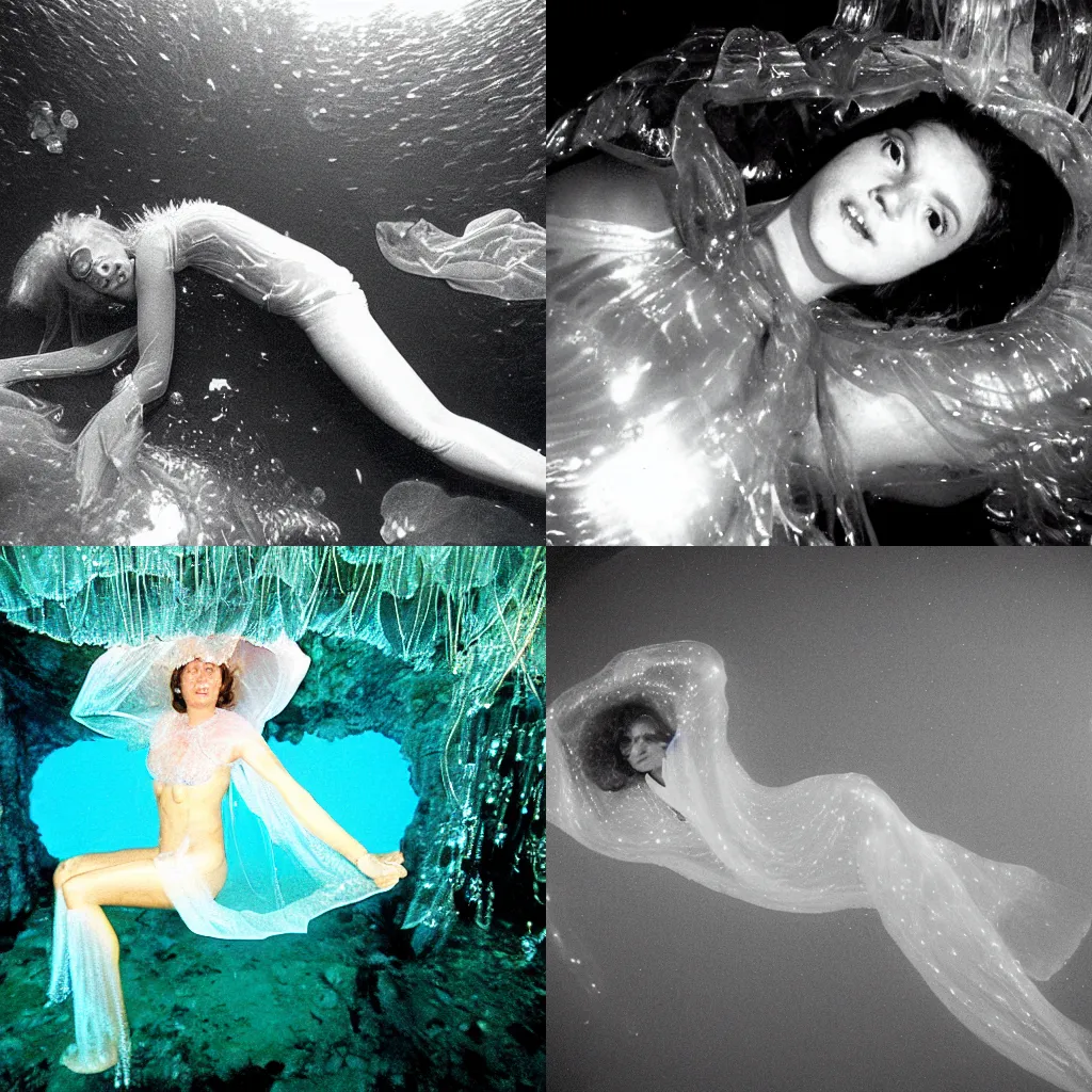 Prompt: 1980s 35mm photo-journalism flash, jellyfish woman lying in a diamond cave bright, gloss