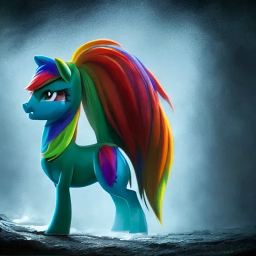 Image similar to hyperrealistic rainbowdash pony, stunning 3 d render inspired by istvan sandorfi & greg rutkowski & mike judge, perfect symmetry, dim volumetric cinematic lighting, 8 k octane comprehensive render, extremely mega hyper - detailed and lifelike attributes & atmosphere, intricate, realistic flesh texture, masterpiece, artstation, stunning,