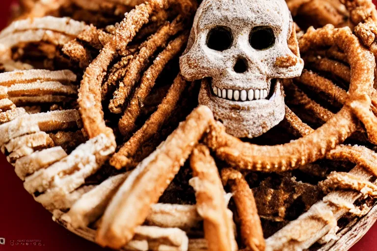 Image similar to aztec skull made of churros, food photography, food stylist, 35mm, centered, uncropped