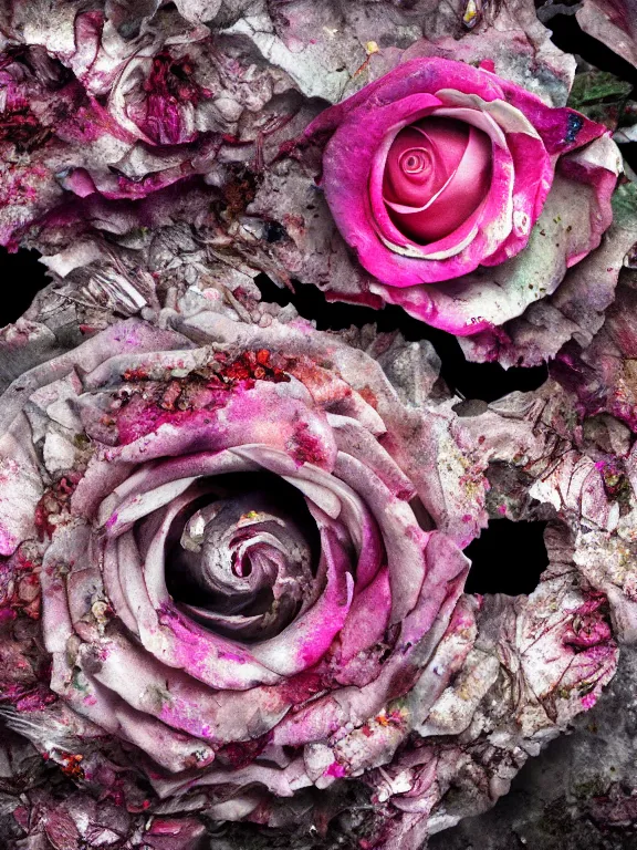 Prompt: photo of 8k ultra realistic single rotting rose, full of colour, cinematic lighting, trending on artstation, 4k, hyperrealistic, focused, extreme details,unreal engine 5, cinematic, masterpiece, art by studio ghibli
