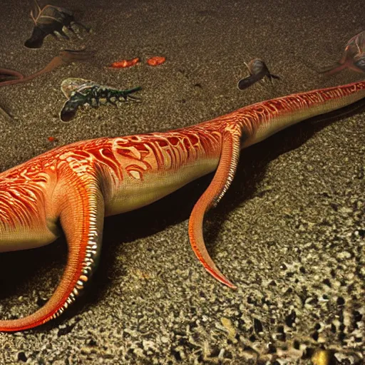 Prompt: a dinosaur - squid, wildlife photography