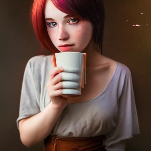 Prompt: a portrait of a girl drinking coffee , fantasy, anime , madhouse production, HDR, natural light, shoulder level shot, dynamic pose, award winning photograph, Mucha style 4k,