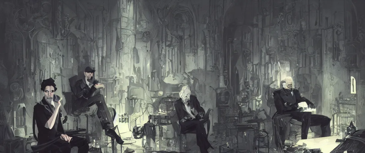 Prompt: duotone black and umbra background comic noir illustration emiel regis old classy vampire from wicther 3 silver hair and sideburns sitting in a crypt workshop. by sachin teng and sergey kolesov and ruan jia and heng z. graffiti art, scifi, fantasy, hyper detailed. octane render. concept art. trending on artstation