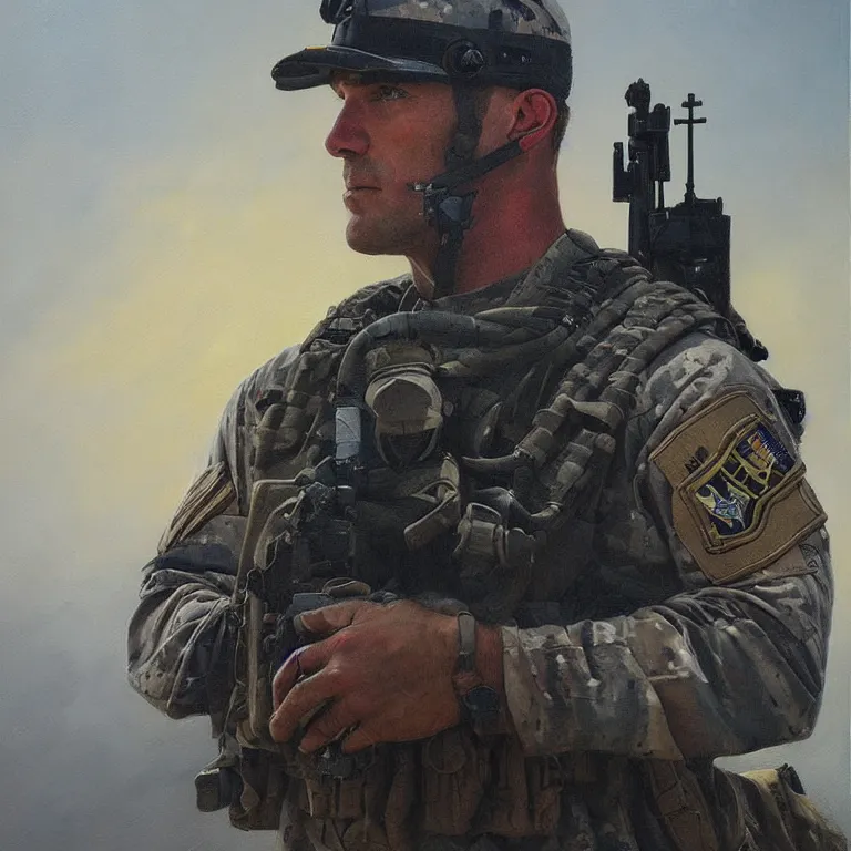 Prompt: portrait of a navy seal soldier, majestic, fine art portrait painting, strong light, clair obscur, by john martin