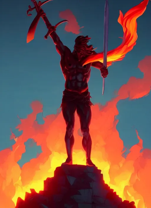 Prompt: statue of a victorious uberchad warrior raising his sword to the sky, standing in a sea of fire, heroic, glorious, in the style of artgerm, gerald brom, atey ghailan and mike mignola, vibrant colors and hard shadows and strong rim light, plain background, comic cover art, trending on artstation