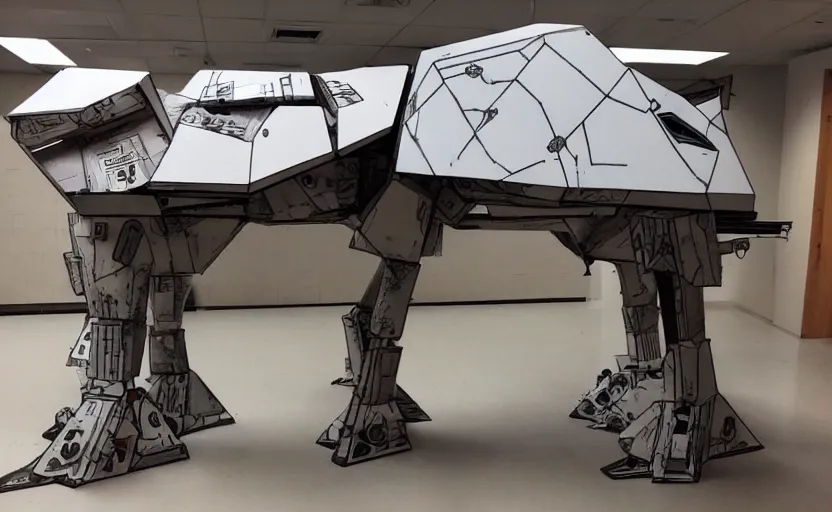 Image similar to a starwars at - at constructed from pizza