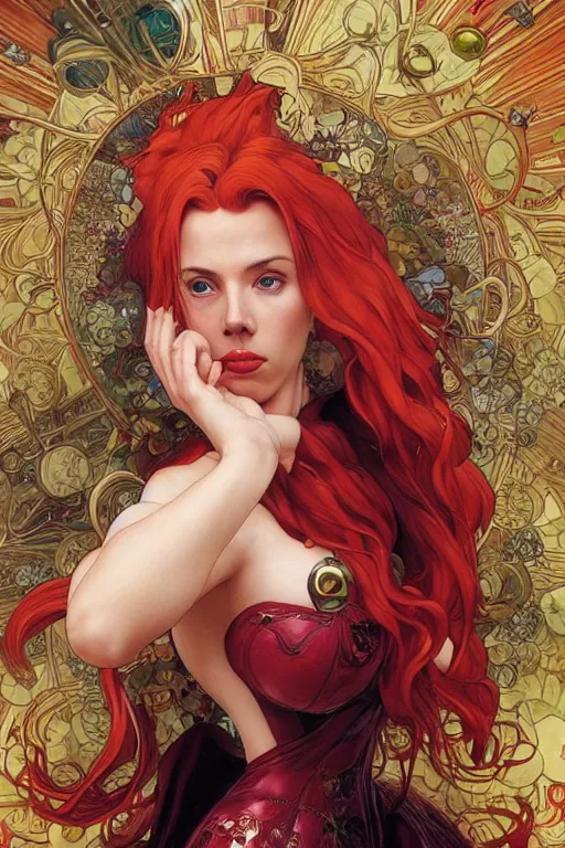 Image similar to celestial scarlett johansson as anthropomorphic irish setter, by artgerm and yoshitaka amano and moebius and alphonse mucha, hyperdetailed, dc comics, ornate, nebula, explosions in the sky, trending on artstation