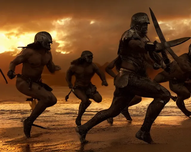 Prompt: spartan warrior sprinting on australian beach, epic award winning action cinematic still from the movie 3 0 0, sunrise lighting