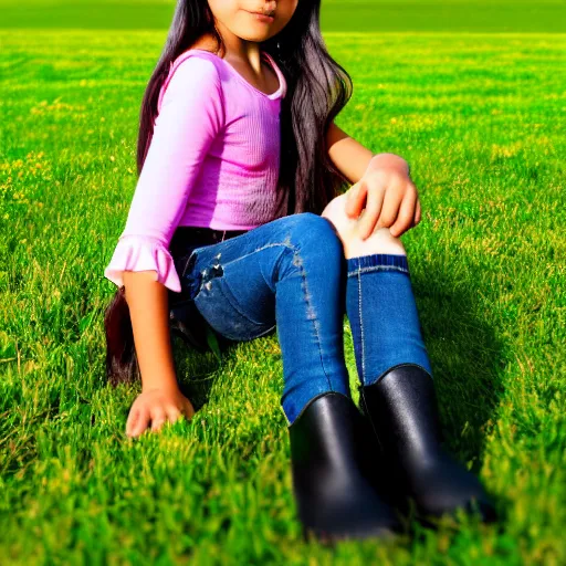 Image similar to a seven years old latin girl plays on a great green meadow, she wears a bolero, jeans and black boots, she has two ponytails, photo taken by a nikon, highly detailed, sharp focus