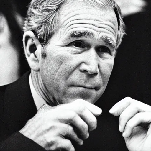 Prompt: George W. Bush closely examining a pretzel. Nefarious, uneasy, worried, concerned. CineStill.