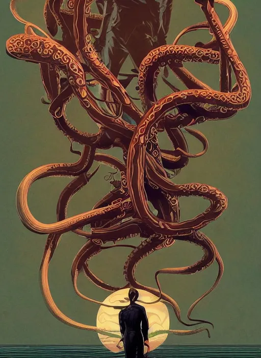 Image similar to poster artwork by Michael Whelan and Tomer Hanuka, Karol Bak of Tom Cruise black tentacles emerge from his back, from scene from Twin Peaks, clean, simple illustration, nostalgic, domestic, full of details