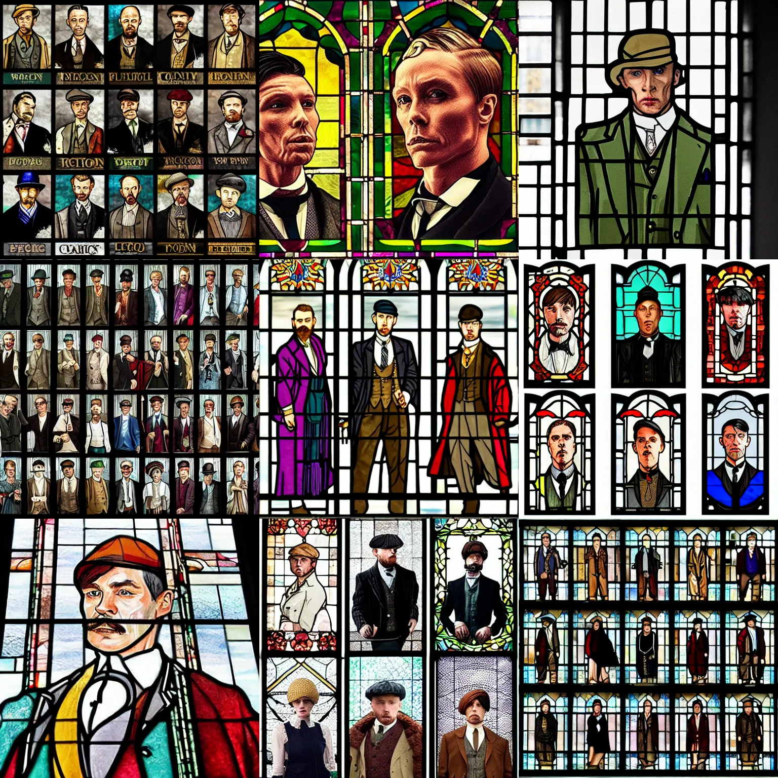 Prompt: peaky blinders cast characters in style of stained glass windows