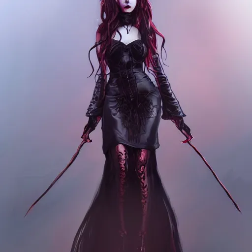 Image similar to twins wearing a gothic dress, full body shot, red hair, highly detailed, digital painting, artstation, concept art, smooth, sharp focus, illustration