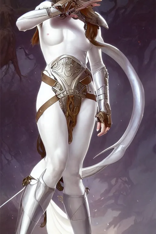 Image similar to portrait of strong caracal wearing white clothes. smooth silver armour, deep focus d & d fantasy, elegant porcelain highlights, by artgerm and greg rutkowski and alphonse mucha