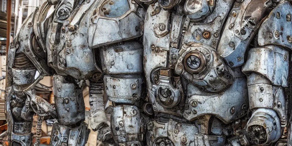 Image similar to low angle wide shot photo taken of an epic intricate, ultra detailed, super realistic gritty, hero prop, exquisitely weathered very clunky, bulky fallout 5 power armour suits movie prop replica's in a row in the workshop, created by weta workshop, full body shot, photorealistic, sharp focus, white wall, cold colour temperture, slight fish eye