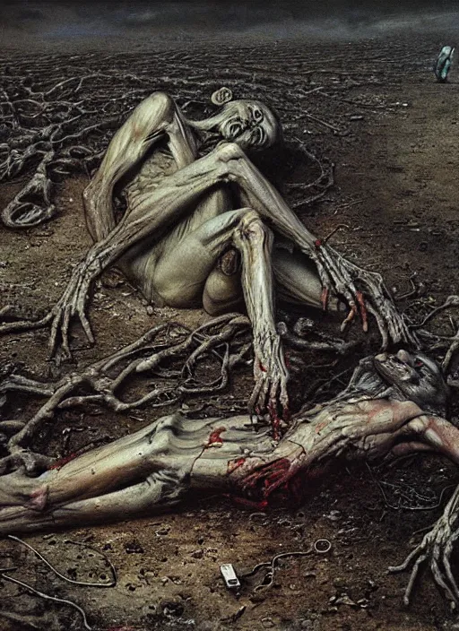 Image similar to painting of disturbing saul goodman lying on concrete ground, decrepit, corpse-like, by jon hale, beksinski, giger