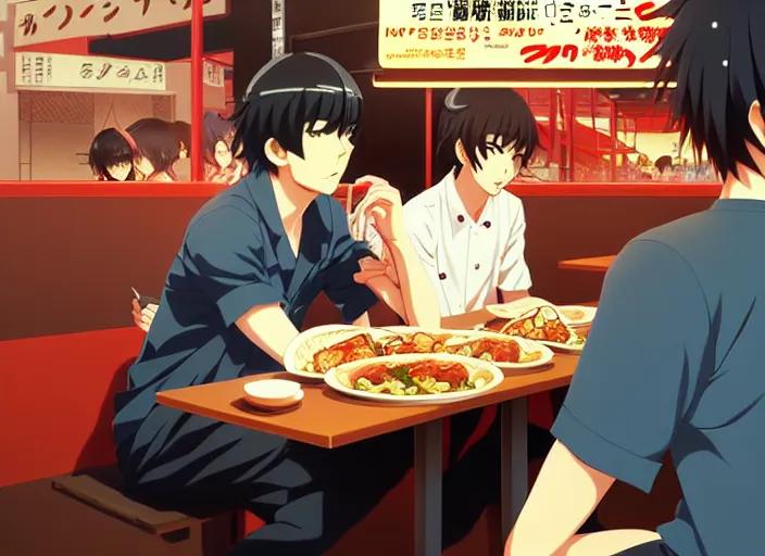 Prompt: anime visual, full body illustration a young man having lunch at a ramen stall at midnight, handsome face by ilya kuvshinov, yoshinari yoh, makoto shinkai, katsura masakazu, dynamic perspective pose, detailed facial features, kyoani, rounded eyes, crisp and sharp, cel shad, anime poster, ambient light,