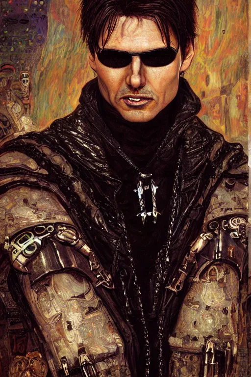 Image similar to portrait of gothic Tom Cruise holy priest, cyberpunk, Warhammer, highly detailed, artstation, illustration, art by Gustav Klimt