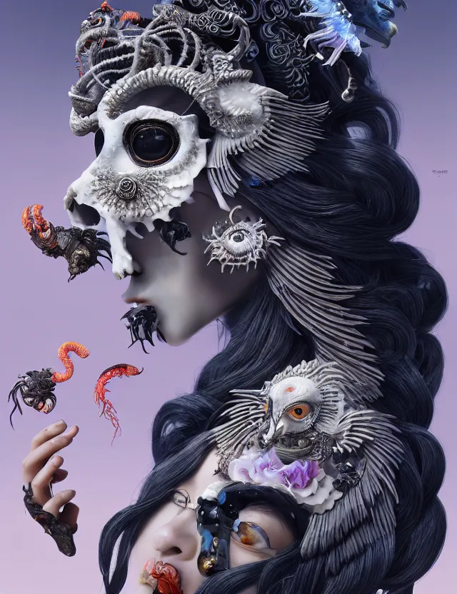 Image similar to 3 d goddess of death close - up profile portrait with ram skull. beautiful intricately detailed japanese crow kitsune mask and clasical japanese kimono. betta fish, jellyfish phoenix, bio luminescent, plasma, ice, water, wind, creature, artwork by tooth wu and wlop and beeple and greg rutkowski