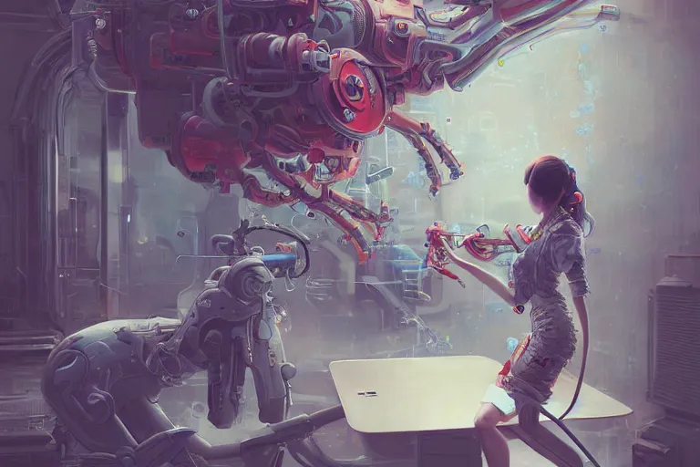 Image similar to hyperrealistic photography of a machine entering a female host in the style of Jin Kagetsu, James Jean and wlop, highly detailed, sharp focus, vivid colors, intricate concept art, digital painting, ambient lighting, 4k, artstation