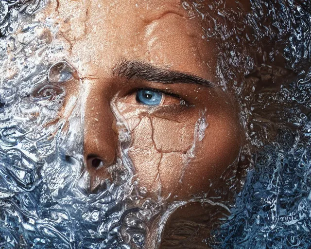 Image similar to a realistic human head coming out of the ground, surreal, water art manipulation, hyper realistic, ray tracing, realistic water, sharp focus, 8 k resolution, cinematic