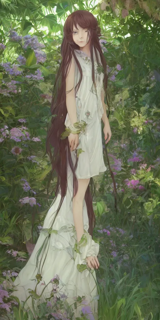 Image similar to a digital art of a loli with long hair in a dress in the privet garden at after noon, green and warm theme, back lighting, by krenz cushart and mucha and akihito yoshida and greg rutkowski and makoto shinkai, extremely long shot, detailed eyes, 4 k resolution, trending on art station